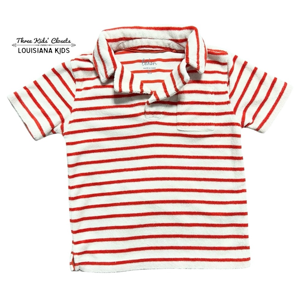 Mini Boden Boys 4-5Y Red & White Striped Towelling Terry Polo Shirt